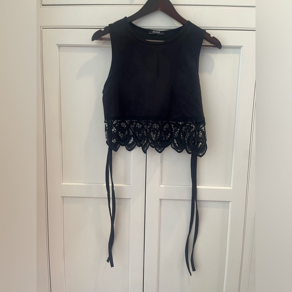 Zara Tops - ZARA TRAFALUC Classy black suede crop top crochet lace hem ribbon side tie sz S